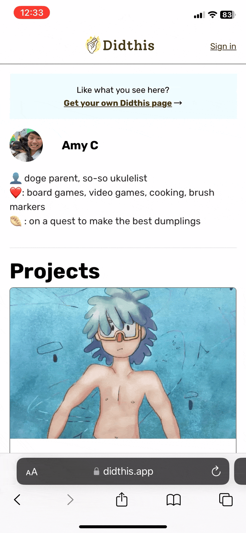 Screen recording of a hobby profile page in DidThis