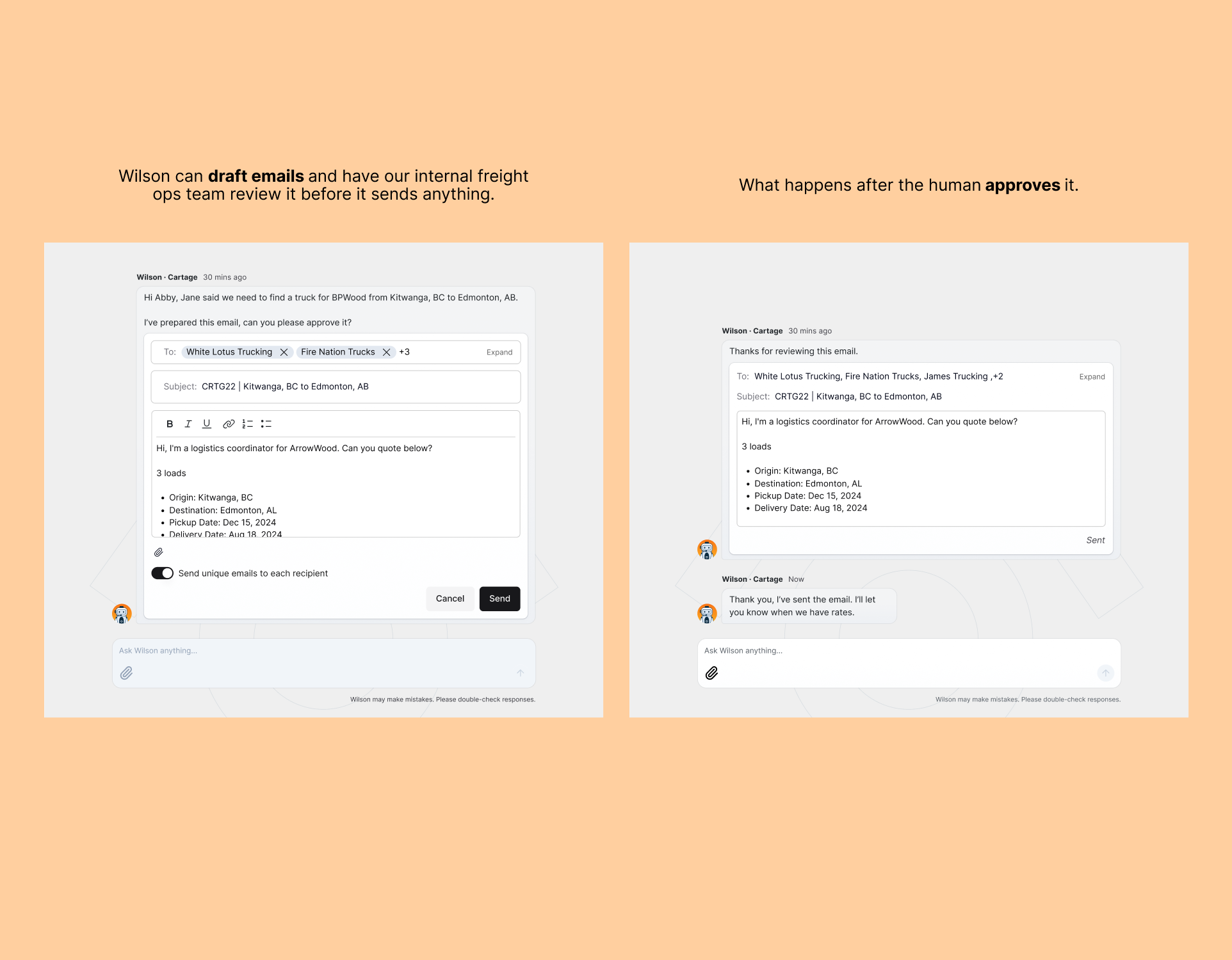 Human-in-the-loop review flow for Wilson-generated emails.