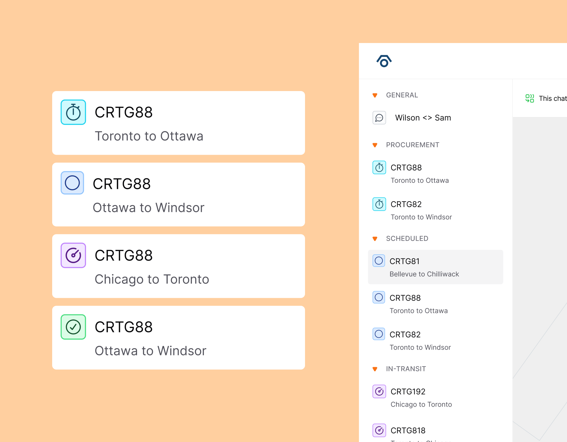Shipment chats grouped by status in the navigation.